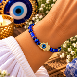 Hamsa Hand Blue & Gold Protection Bracelet – Evil Eye Beaded Bracelet for Good Luck & Positive Energy