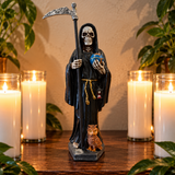 Santa Muerte Black Robe Statue 12 Inch – Holy Death with Globe, Owl & Scythe