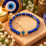 Hamsa Hand Blue & Gold Protection Bracelet – Evil Eye Beaded Bracelet for Good Luck & Positive Energy