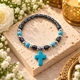 Turquoise Cross Bracelet – Hematite-Style Beaded Christian Jewelry for Faith & Protection